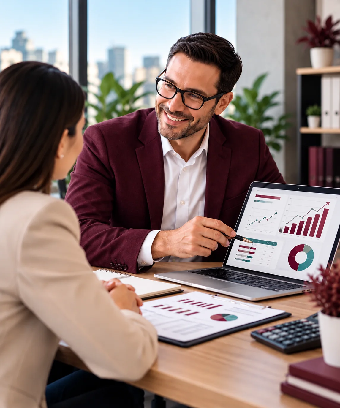 Asesor financiero revisando reportes con un cliente