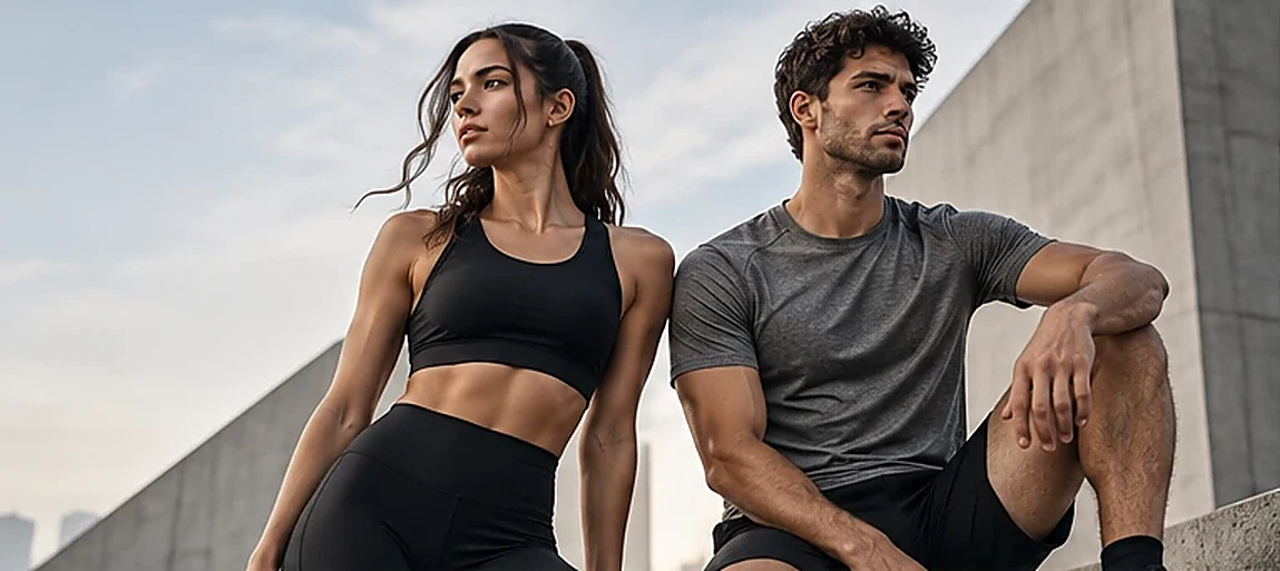Dos personas lucen conjuntos deportivos negros y grises en un entorno arquitectónico moderno