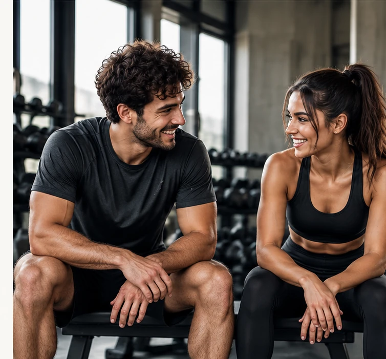 Dos personas con prendas deportivas neutras conversan en un gimnasio contemporáneo
