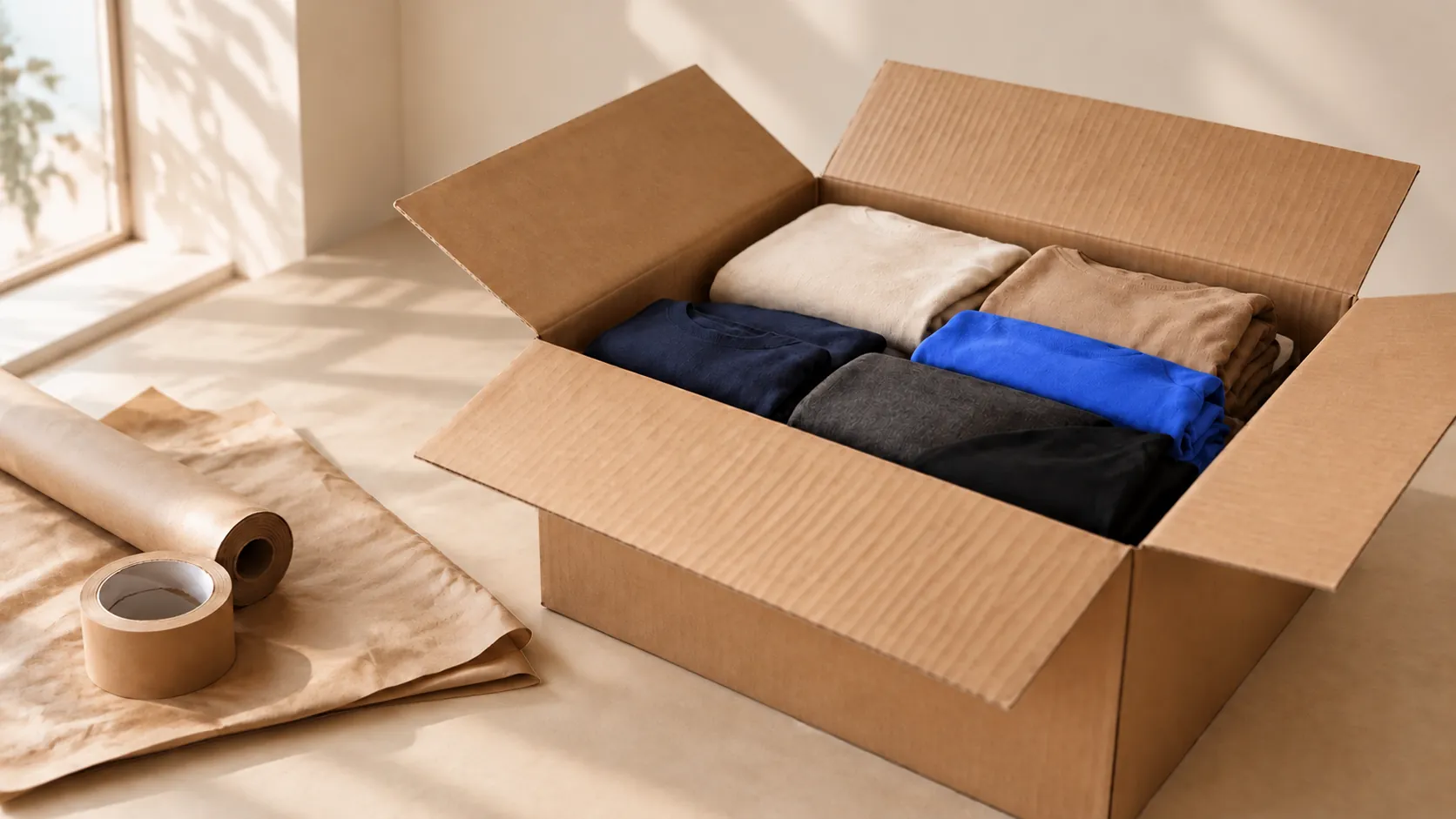 Caja de cartón abierta con prendas dobladas por color, junto a papel kraft y cinta