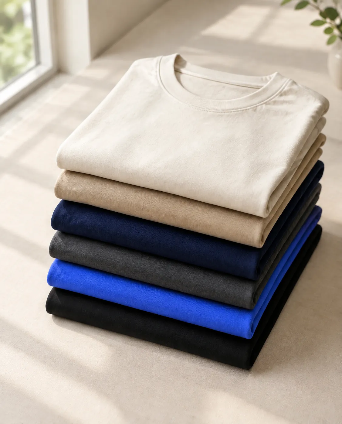 Pila de playeras dobladas en crema, arena, azul marino, gris, azul eléctrico y negro