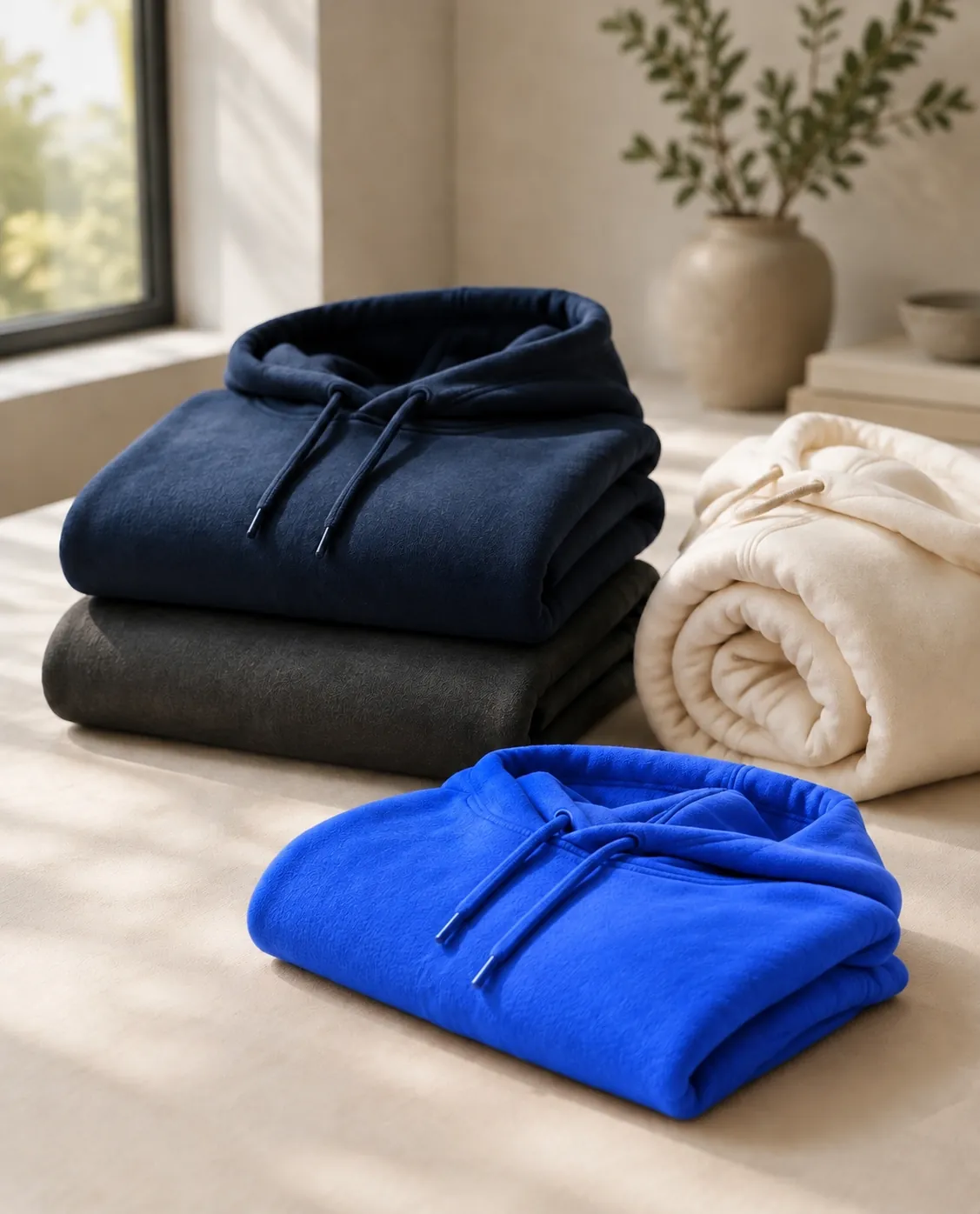 Sudaderas con capucha dobladas en azul marino, gris y azul eléctrico, junto a una crema enrollada