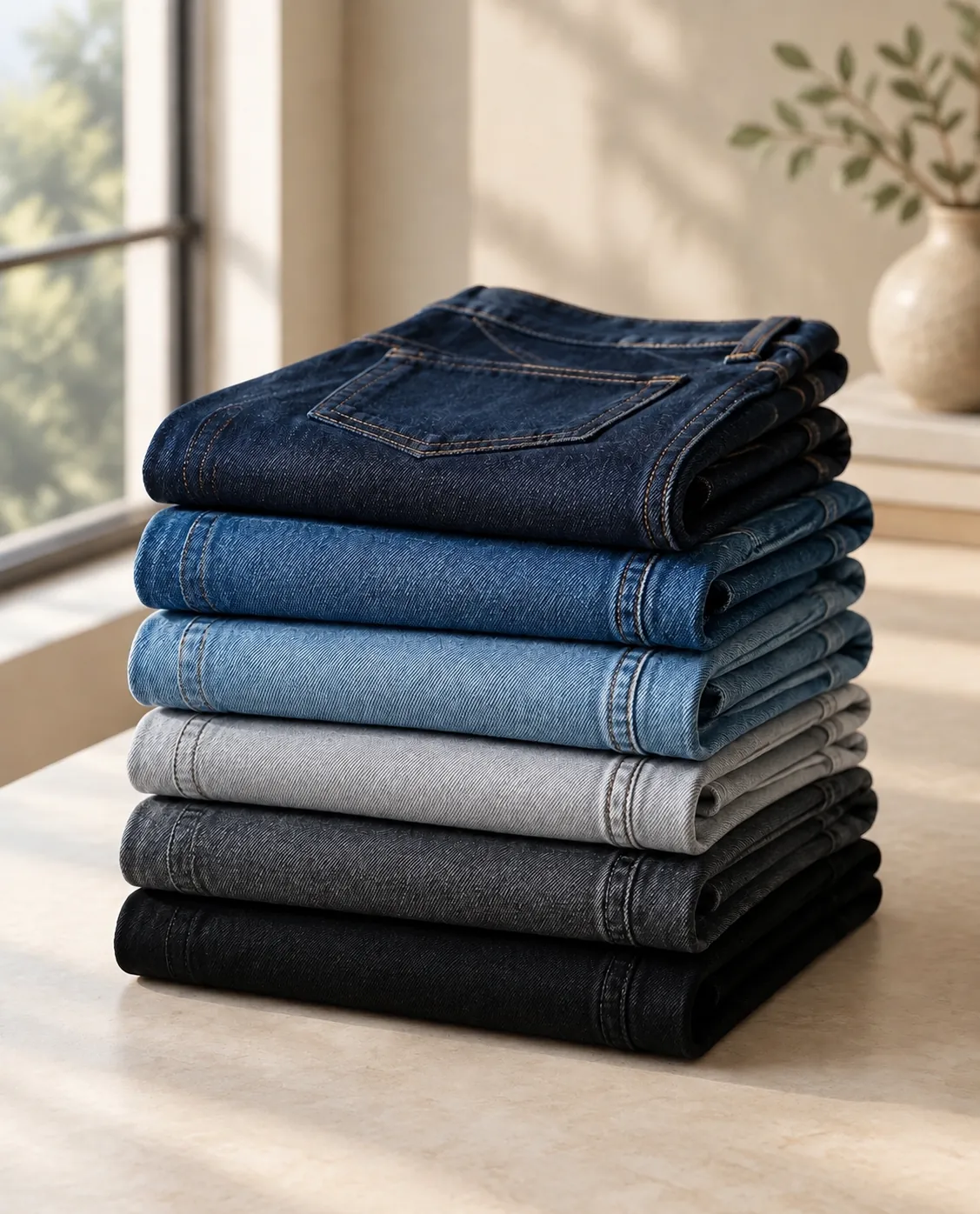 Pila de jeans doblados en índigo, azul medio, azul claro, gris claro y negro