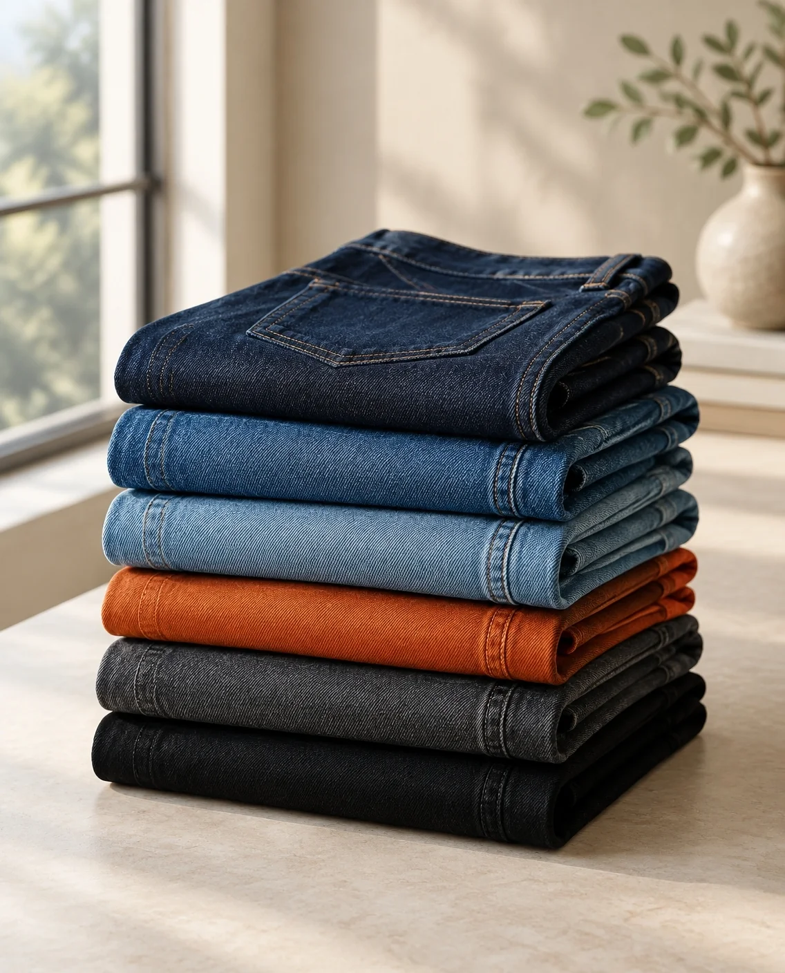 Pila de jeans doblados en índigo, azul medio, naranja y negro