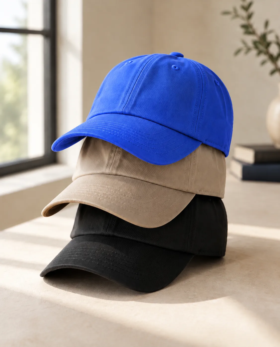 Tres gorras lisas apiladas en azul eléctrico, arena y negro