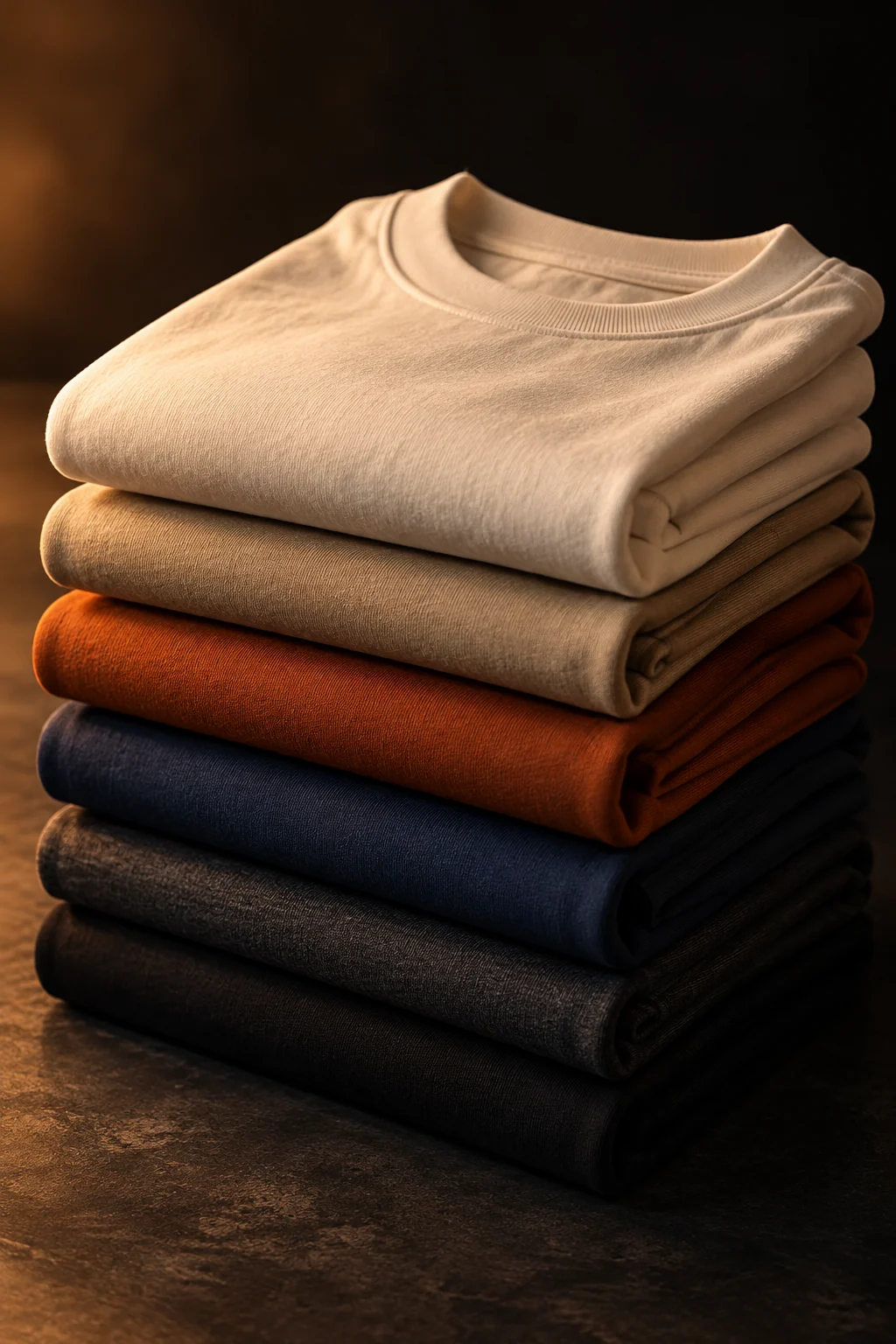 Pila de playeras dobladas en crema, arena, azul marino, carbón y naranja sobre una superficie oscura