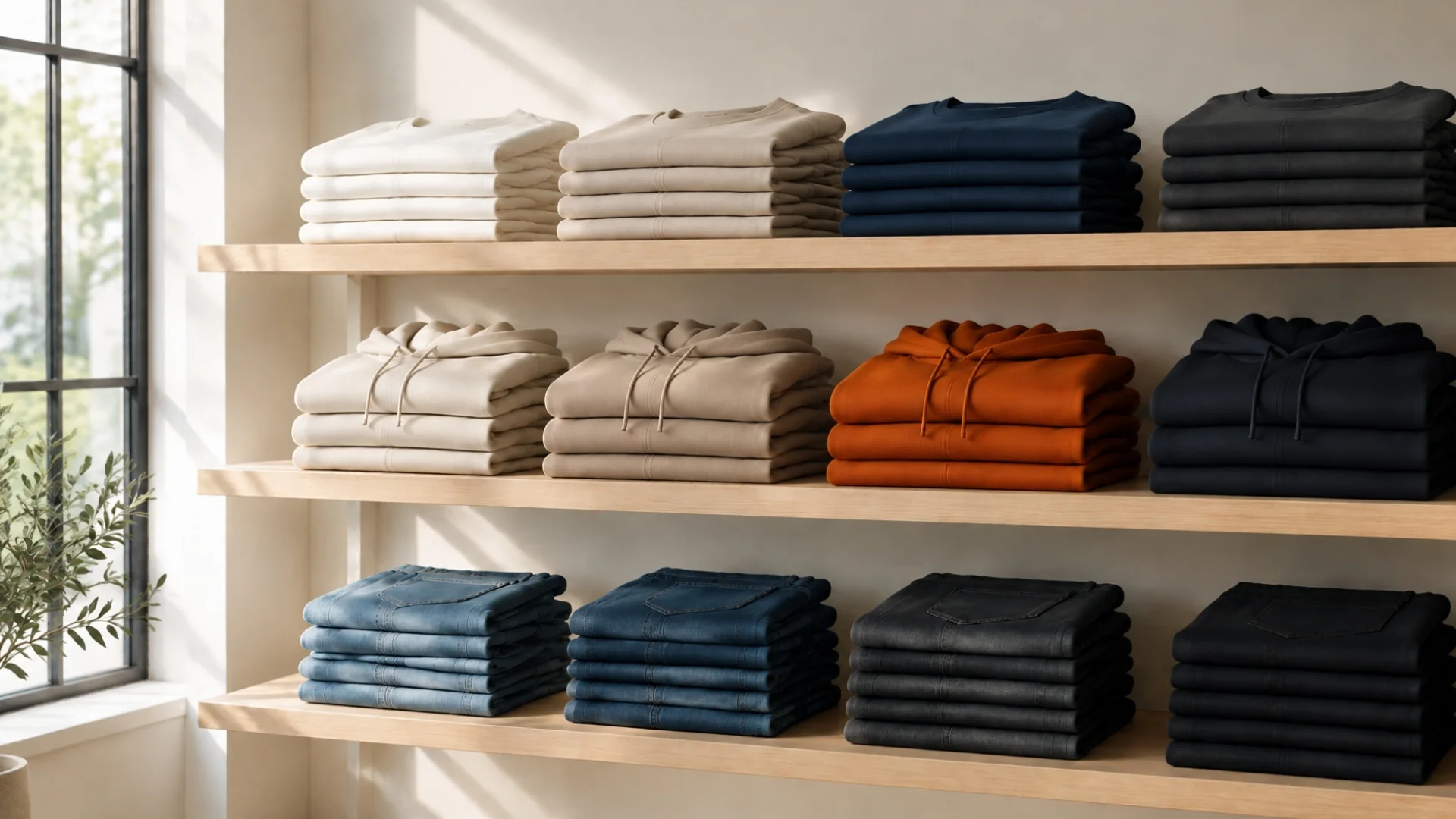 Repisas con pilas dobladas de playeras, sudaderas y jeans