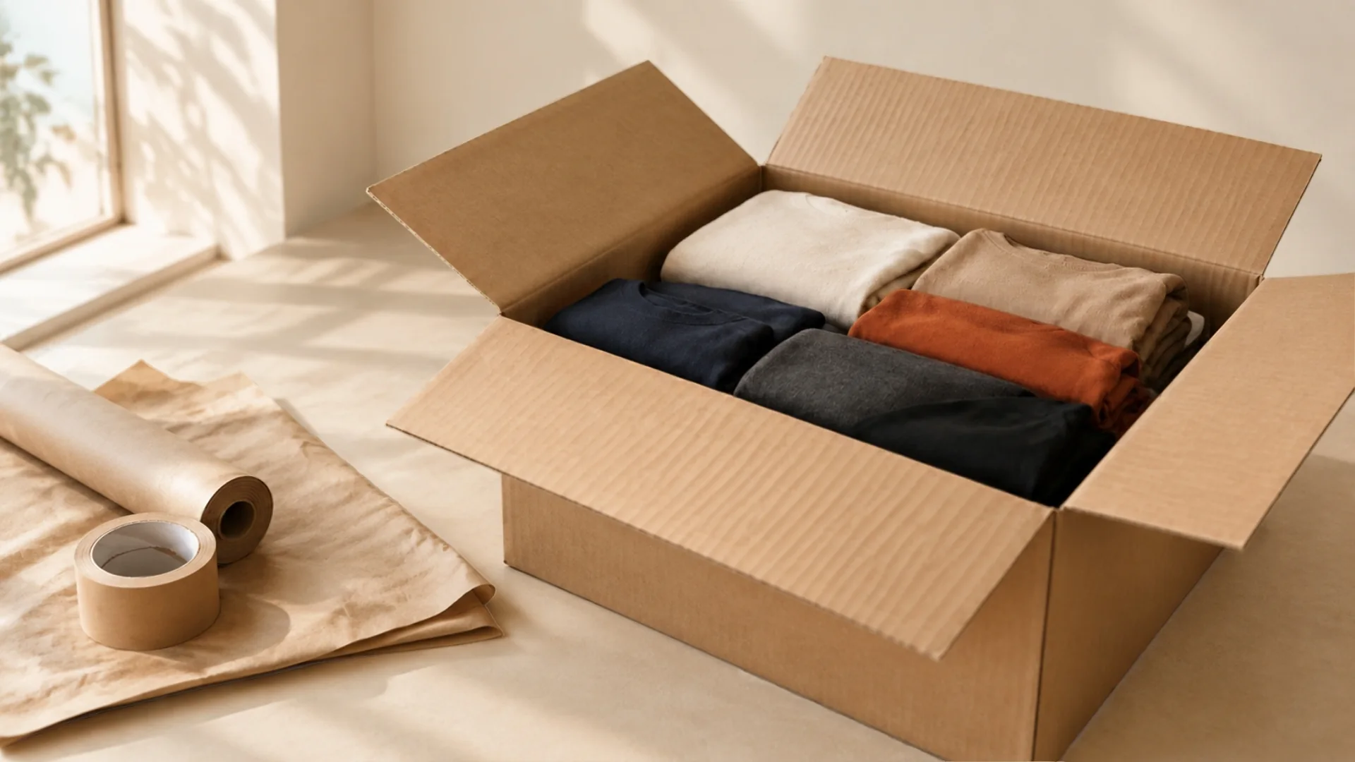 Caja de cartón abierta con prendas dobladas por color, junto a papel kraft y cinta