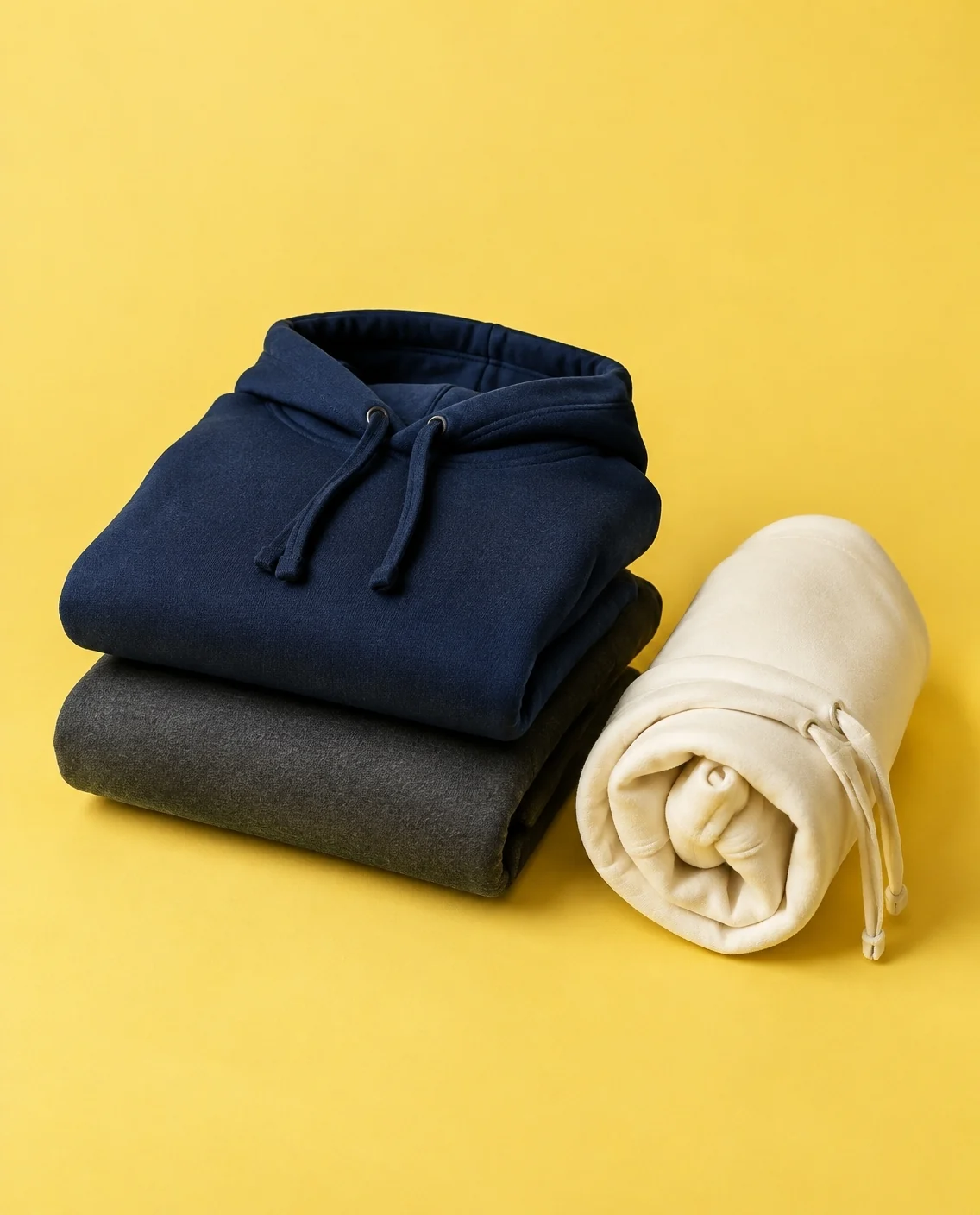 Sudaderas con capucha dobladas en azul marino y gris, con una crema enrollada, sobre fondo amarillo