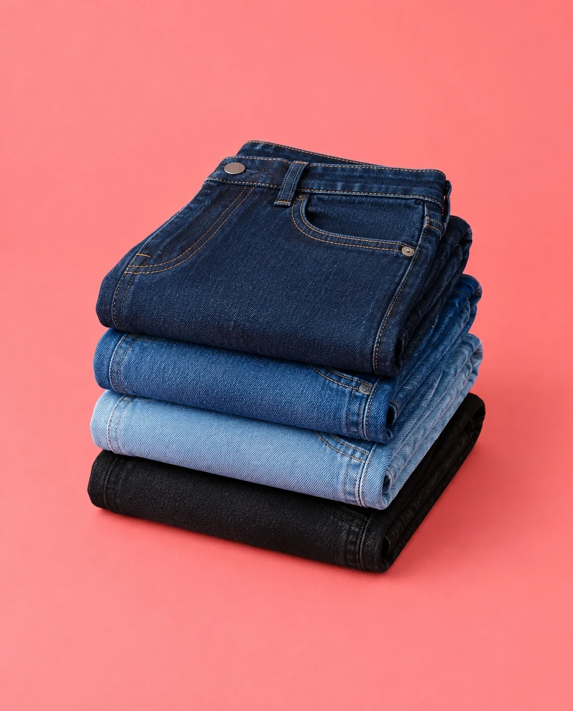 Pila de jeans doblados sobre fondo coral