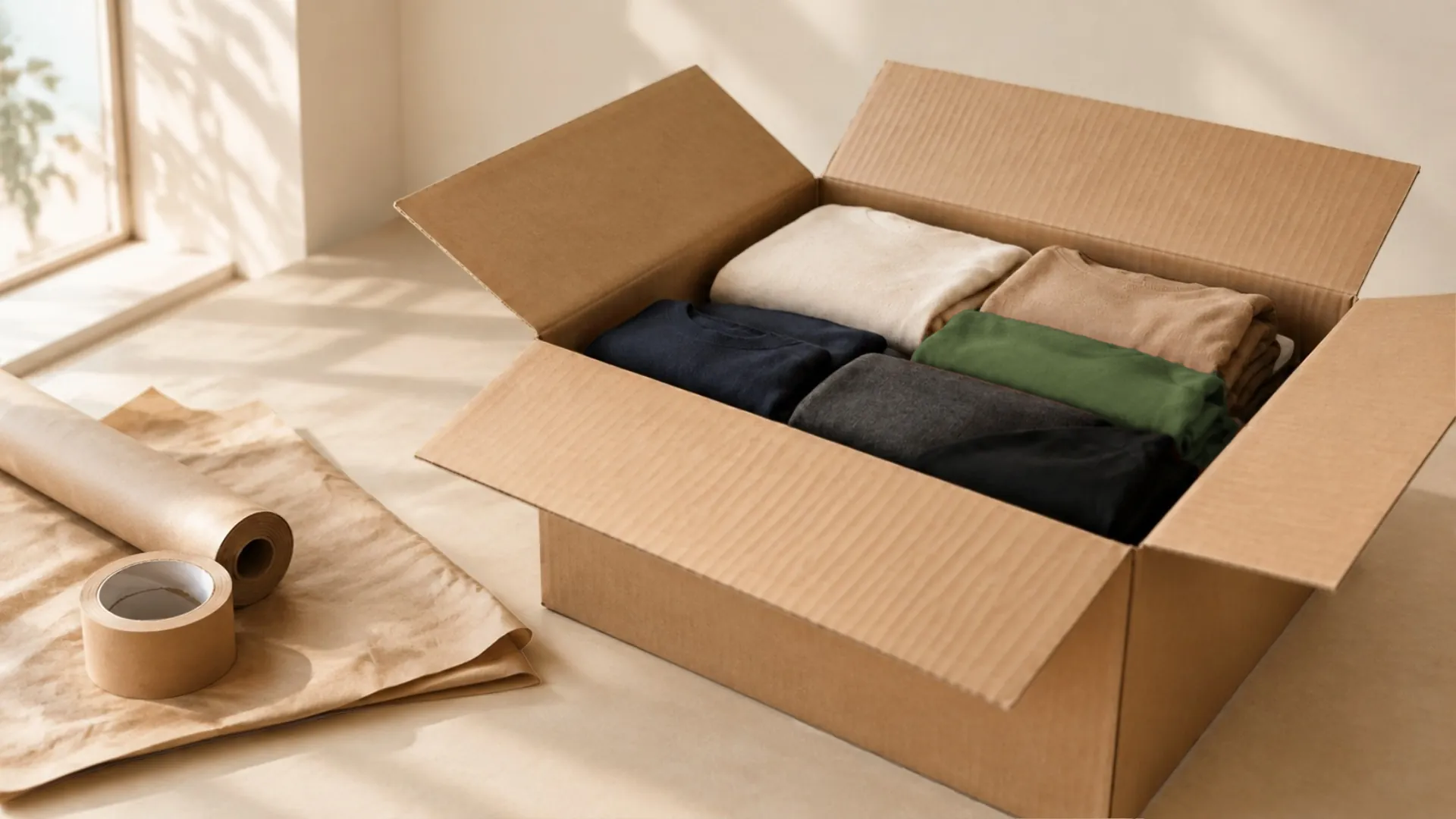Caja de cartón abierta con prendas dobladas por color, junto a papel kraft y cinta