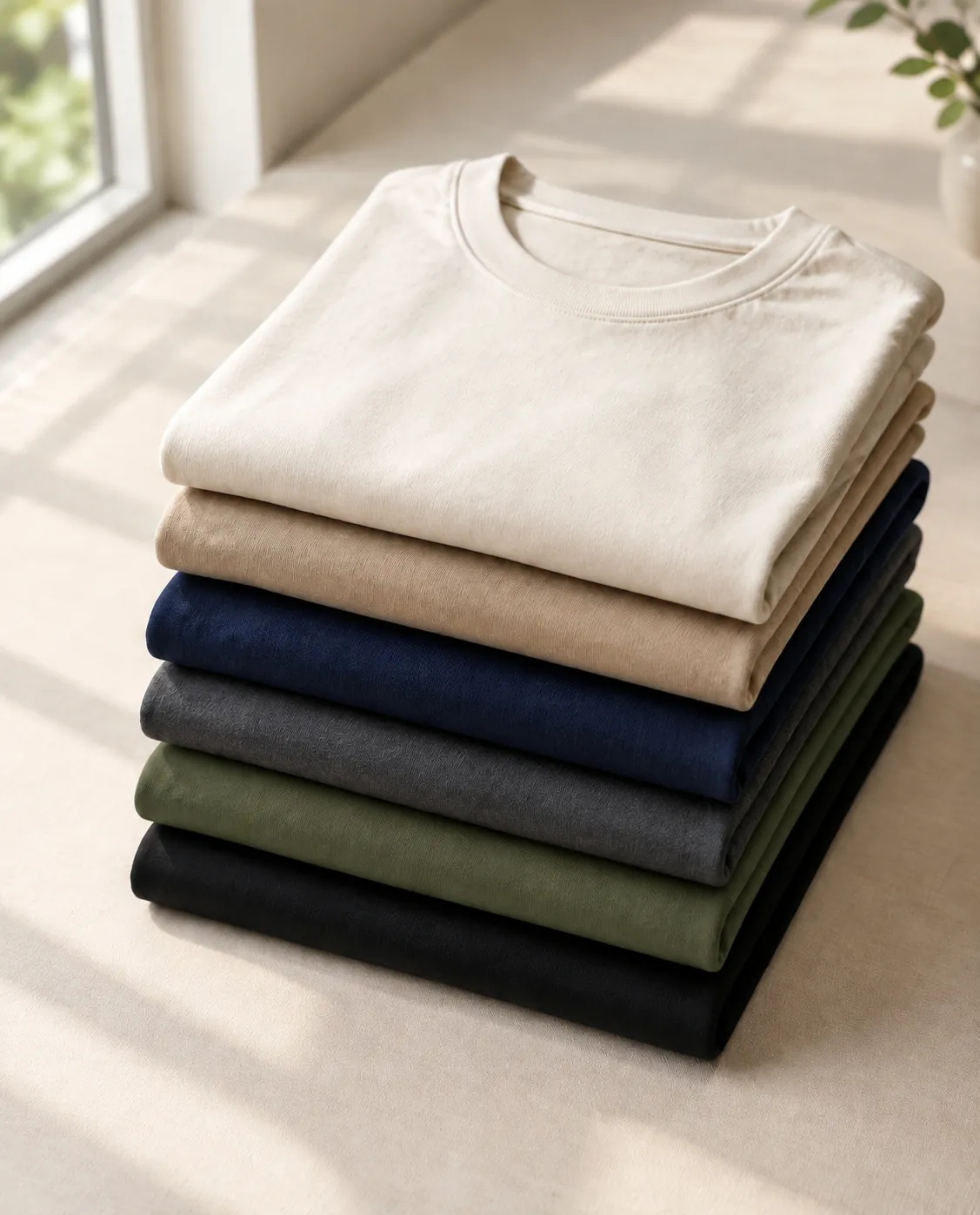 Pila de playeras dobladas en crema, arena, azul marino, gris, verde oliva y negro