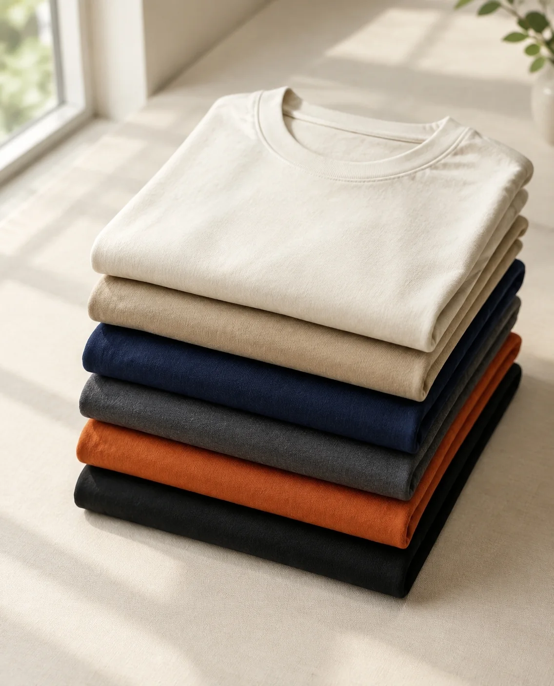 Pila de playeras dobladas en crema, arena, azul marino, gris y negro
