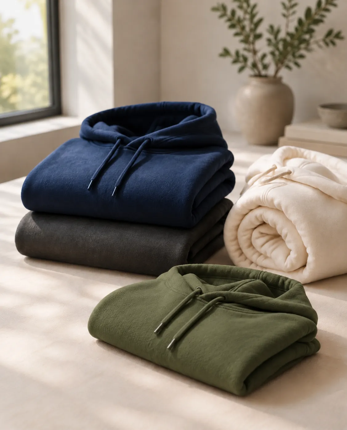 Sudaderas con capucha dobladas en azul marino, gris y verde oliva, junto a una crema enrollada