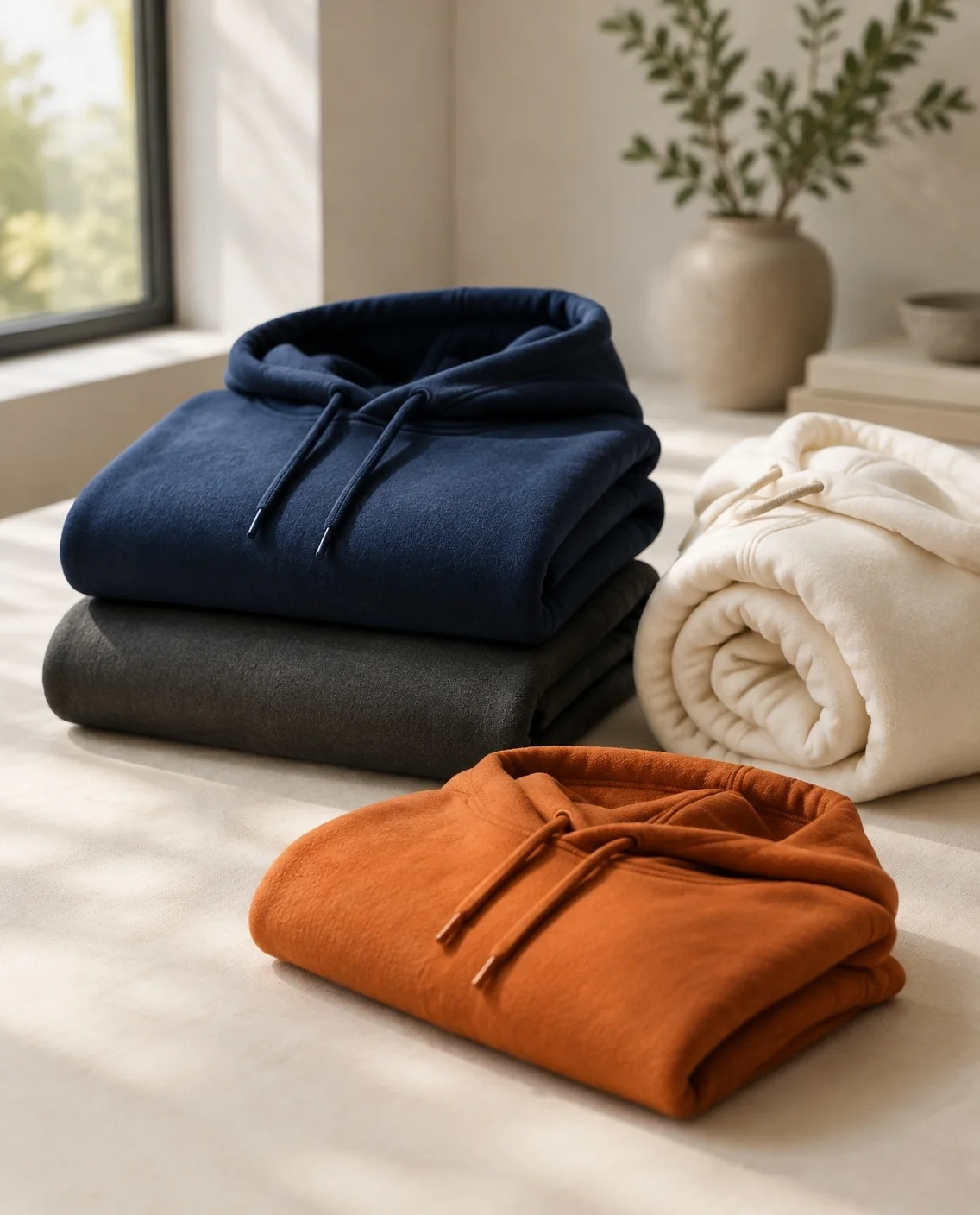 Sudaderas con capucha dobladas en azul marino, gris y naranja, junto a una crema enrollada