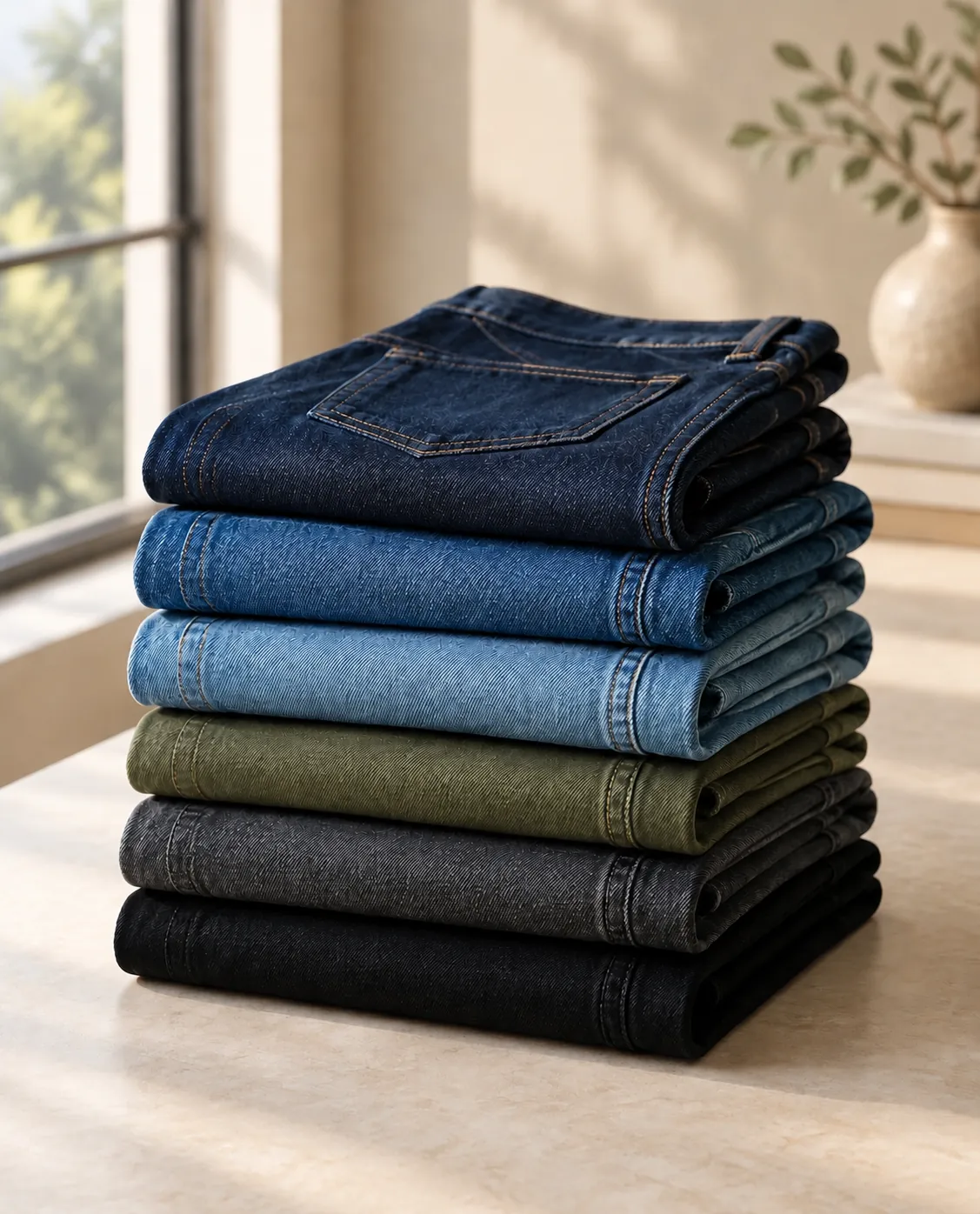 Pila de jeans doblados en índigo, azul medio, azul claro, verde oliva, gris y negro