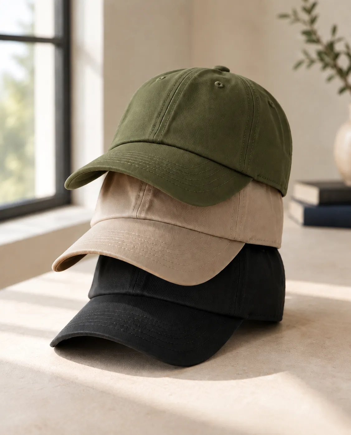 Tres gorras lisas apiladas en verde oliva, arena y negro