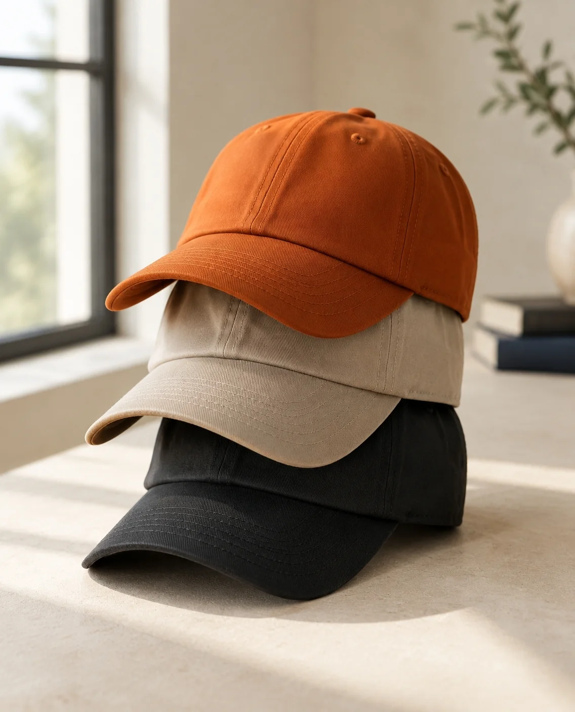 Tres gorras lisas apiladas en naranja, arena y negro